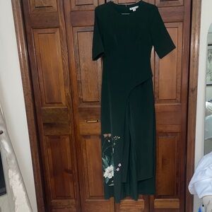 Hand painted  Kay Unger Deep Green Floral Overlay Midi Dress